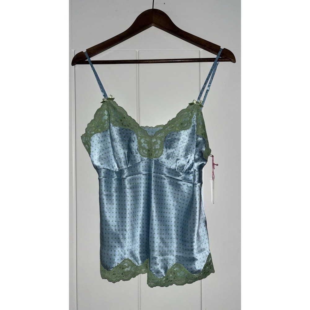 Gold Hawk Dream Blue Silk Lace Trim Bias Cut Cami Top Women L NEW Delicate